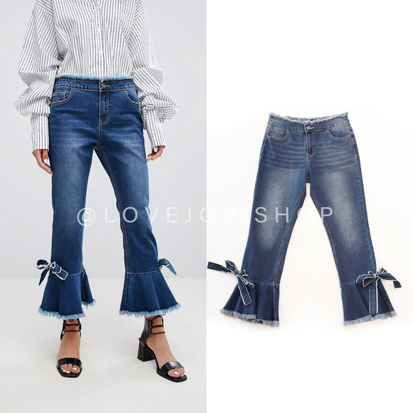 Feminine | Current Air Ruffle & Bow Hem Jeans | Playful Coquette Denim - Picture 1 of 14